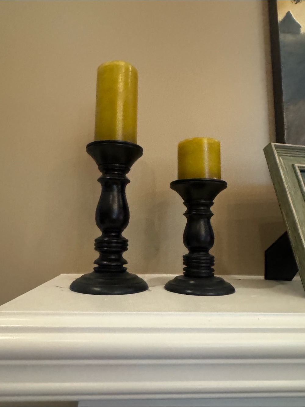 Black Wood Candle Holders with Green Pillar Candles - Set of 2